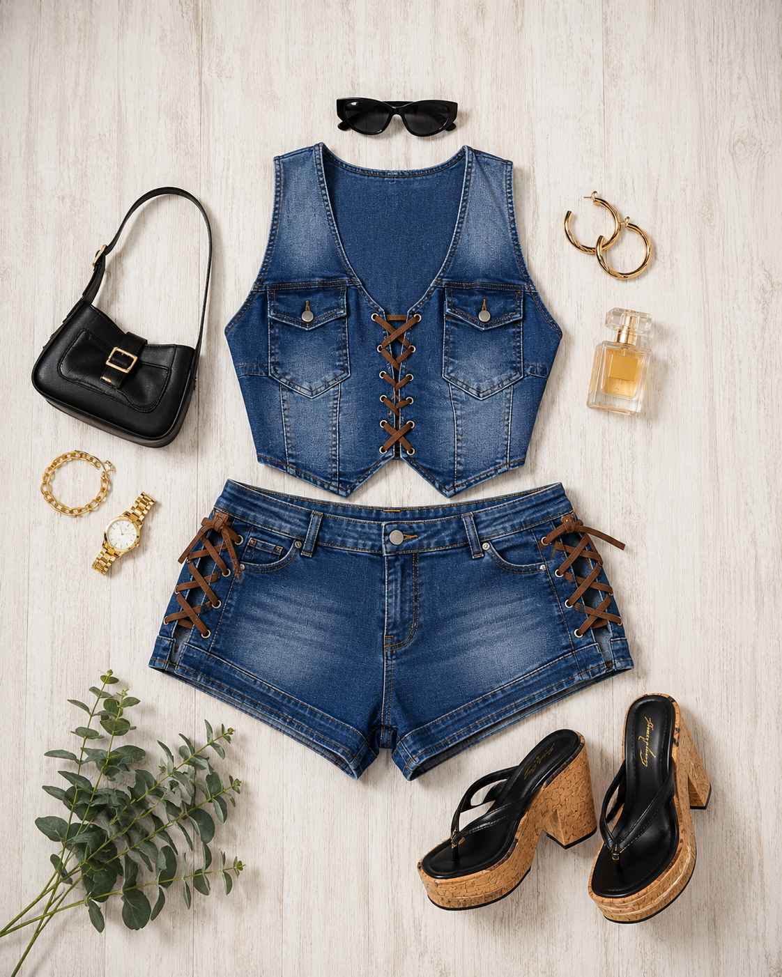 Curvy Denim Lace Up Two-Pieces Set