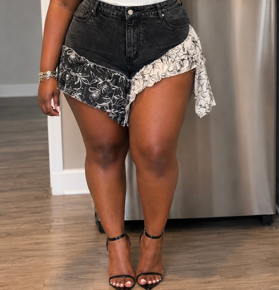 Curvy Blossom Denim Short- Black Wash
