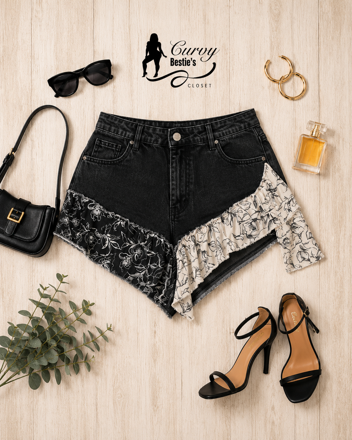 Curvy Blossom Denim Short- Black Wash