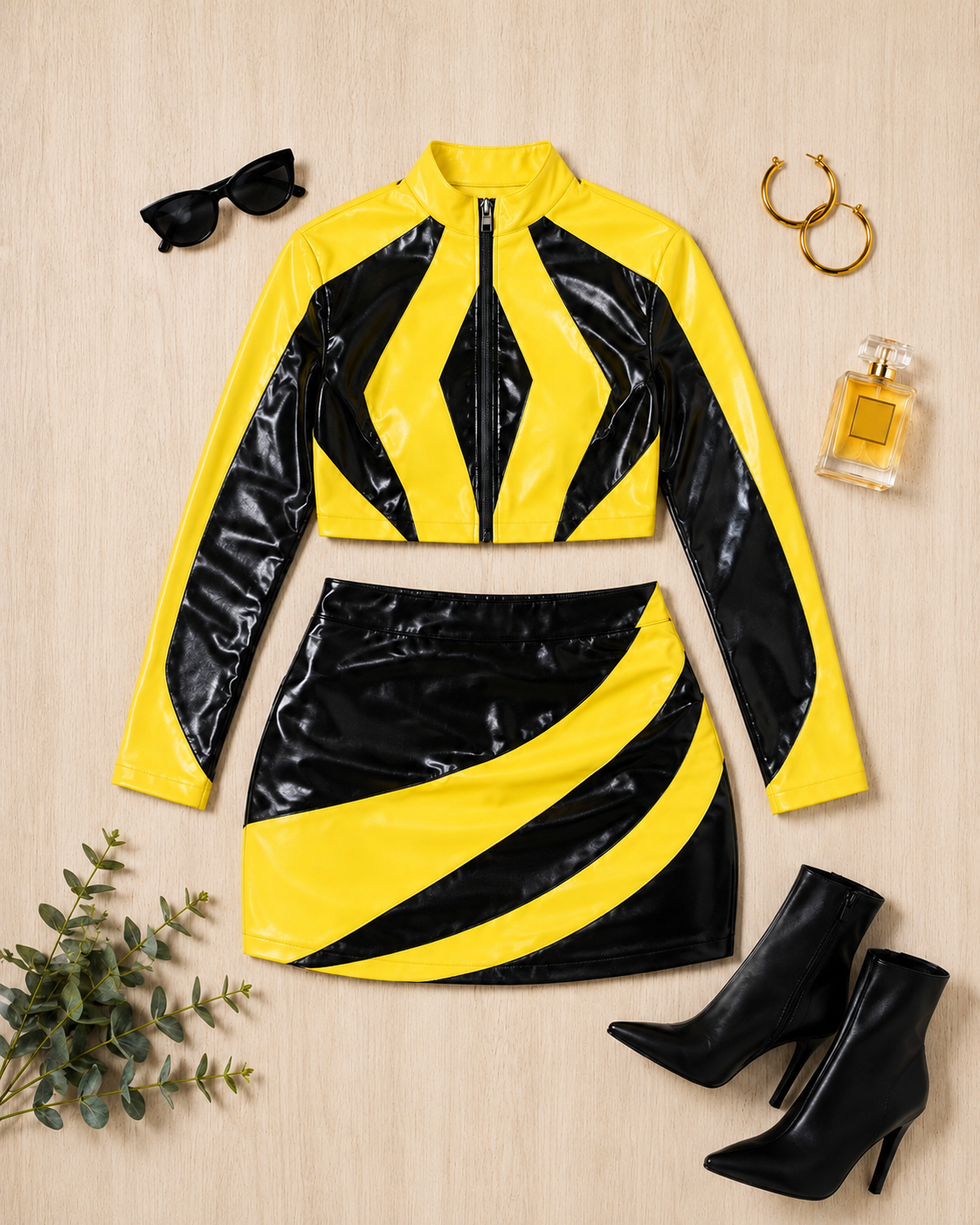Electric Glow Faux Leather Skirt Set